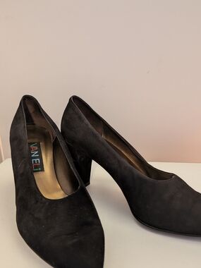 Vaneli Vintage Black Suede Pointed-Toe Block Heel Pumps